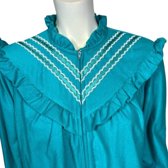 Vintage Teal Zip-Front Robe Nightgown with Lace Trim and Ruffle Details - Large - Picture 2 of 7